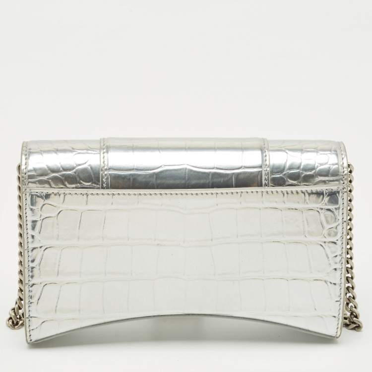 Pre Owned Balenciaga Silver Croc Embossed Patent Leather Hourglass Wallet on Chain