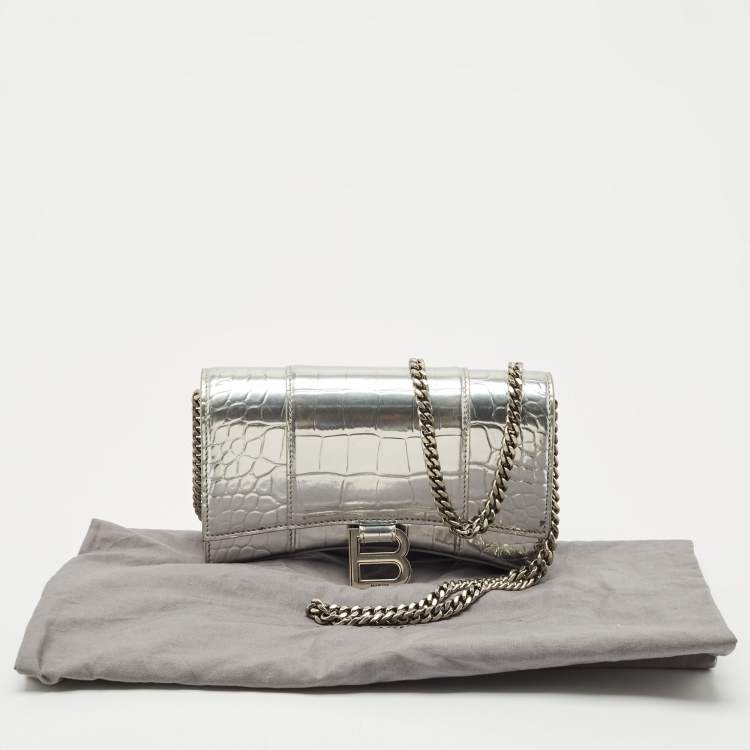 Pre Owned Balenciaga Silver Croc Embossed Patent Leather Hourglass Wallet on Chain