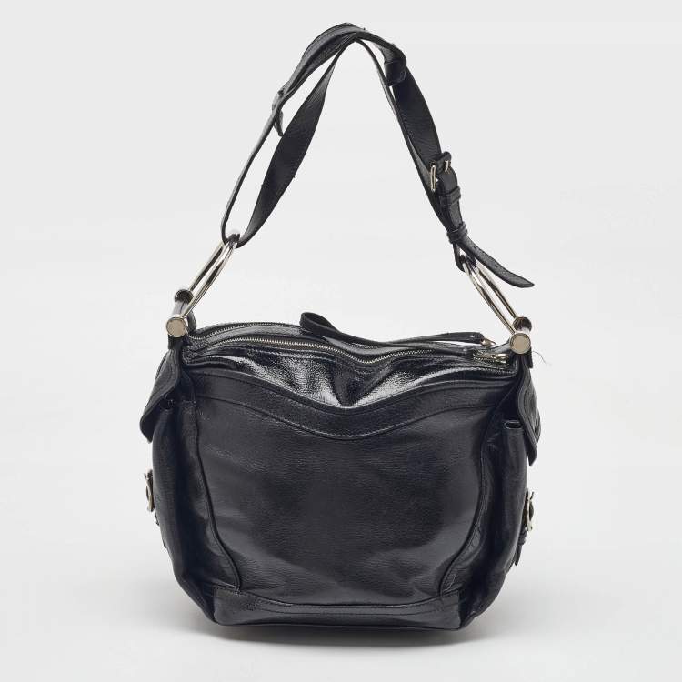 Pre Owned Balenciaga Black Leather Monogram Crest Double Zip Hobo