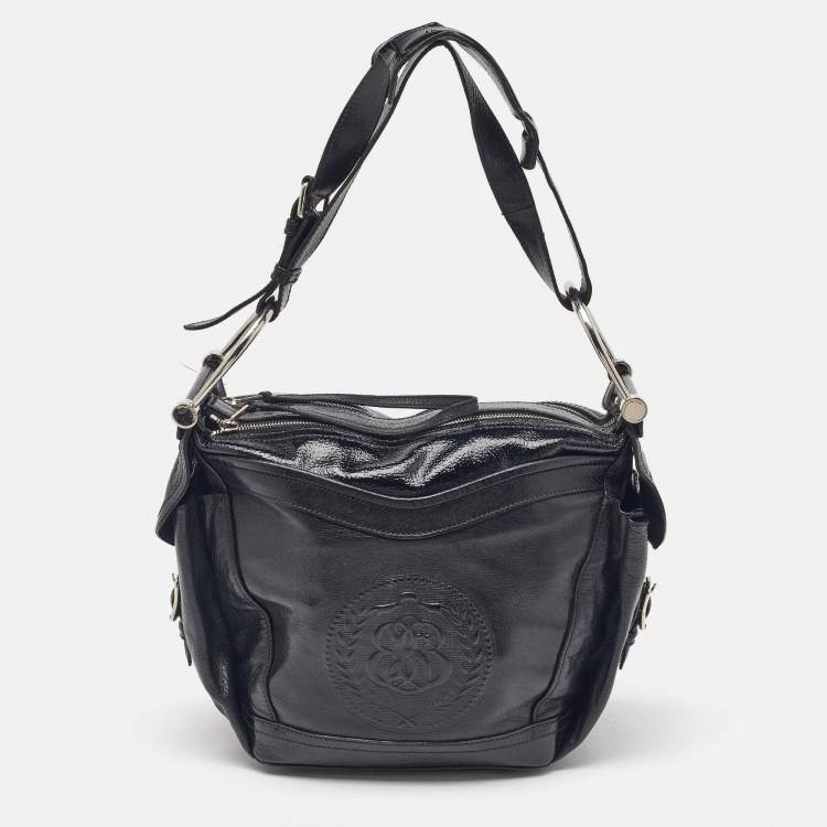 Pre Owned Balenciaga Black Leather Monogram Crest Double Zip Hobo