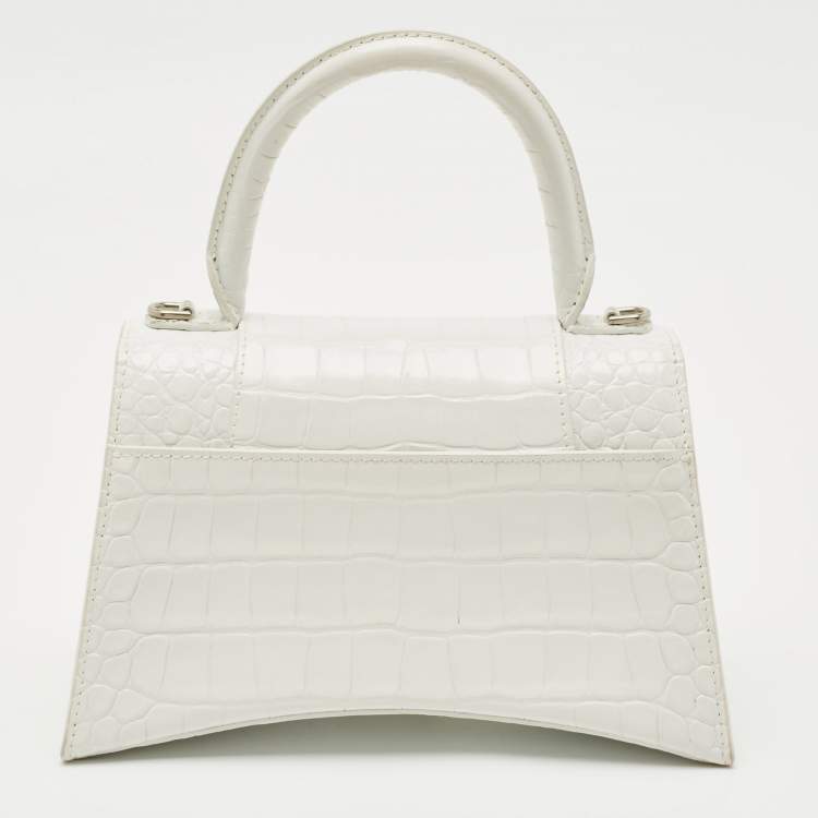 Pre Owned Balenciaga White Croc Embossed Leather Small Hourglass Top Handle Bag