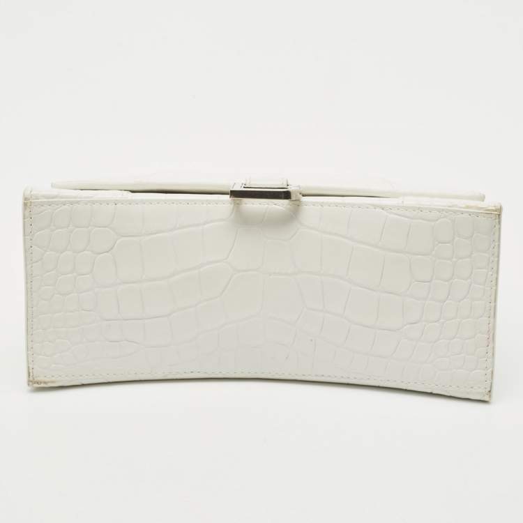 Pre Owned Balenciaga White Croc Embossed Leather Small Hourglass Top Handle Bag