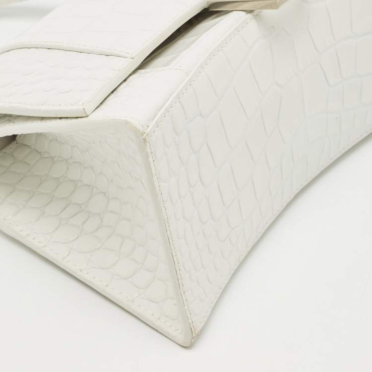 Pre Owned Balenciaga White Croc Embossed Leather Small Hourglass Top Handle Bag