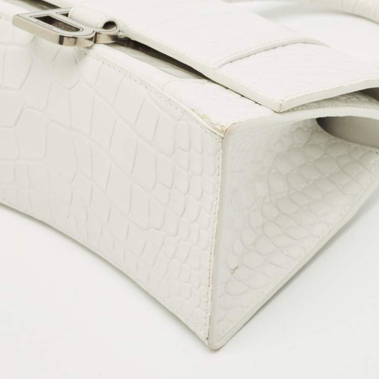 Pre Owned Balenciaga White Croc Embossed Leather Small Hourglass Top Handle Bag