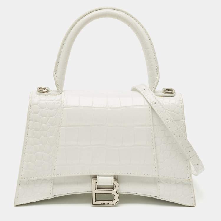 Pre Owned Balenciaga White Croc Embossed Leather Small Hourglass Top Handle Bag