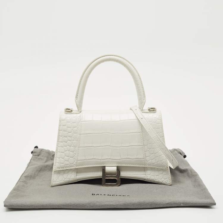 Pre Owned Balenciaga White Croc Embossed Leather Small Hourglass Top Handle Bag
