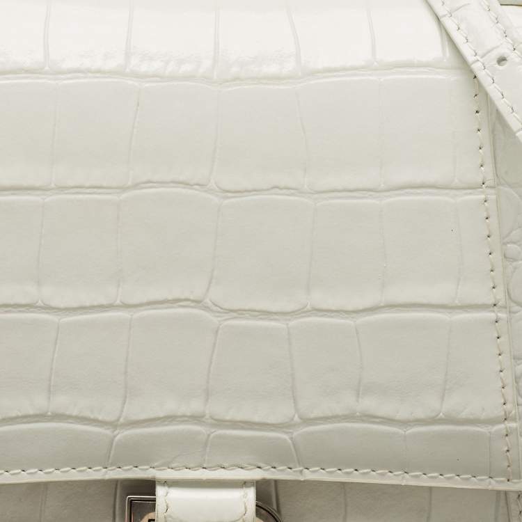 Pre Owned Balenciaga White Croc Embossed Leather Small Hourglass Top Handle Bag