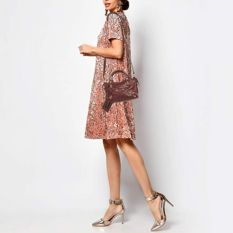 Pre Owned Balenciaga Burgundy Croc Embossed Leather Mini Classic City Bag