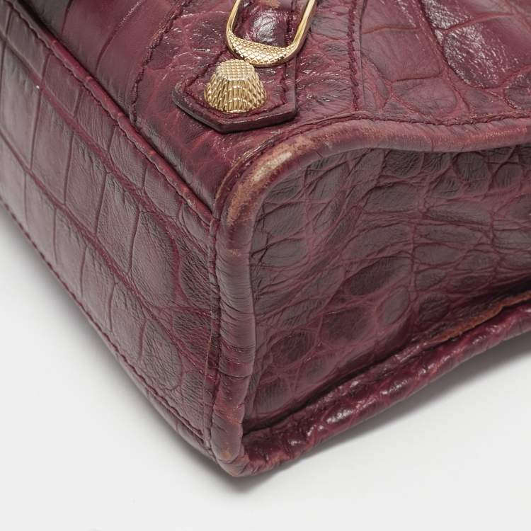 Pre Owned Balenciaga Burgundy Croc Embossed Leather Mini Classic City Bag