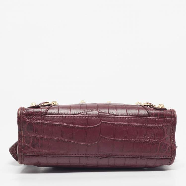 Pre Owned Balenciaga Burgundy Croc Embossed Leather Mini Classic City Bag