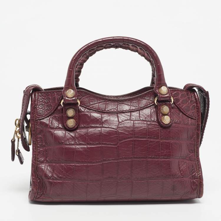 Pre Owned Balenciaga Burgundy Croc Embossed Leather Mini Classic City Bag