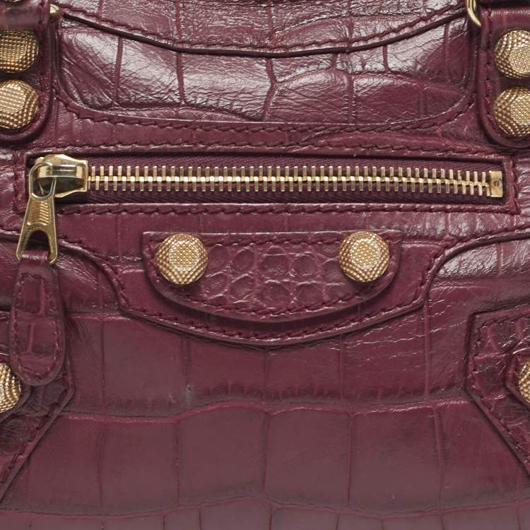 Pre Owned Balenciaga Burgundy Croc Embossed Leather Mini Classic City Bag