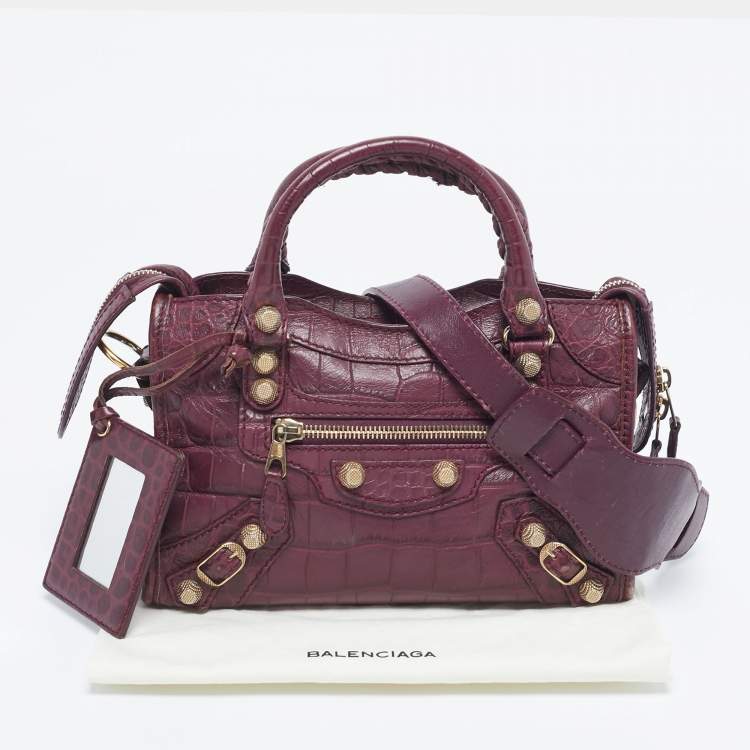 Pre Owned Balenciaga Burgundy Croc Embossed Leather Mini Classic City Bag
