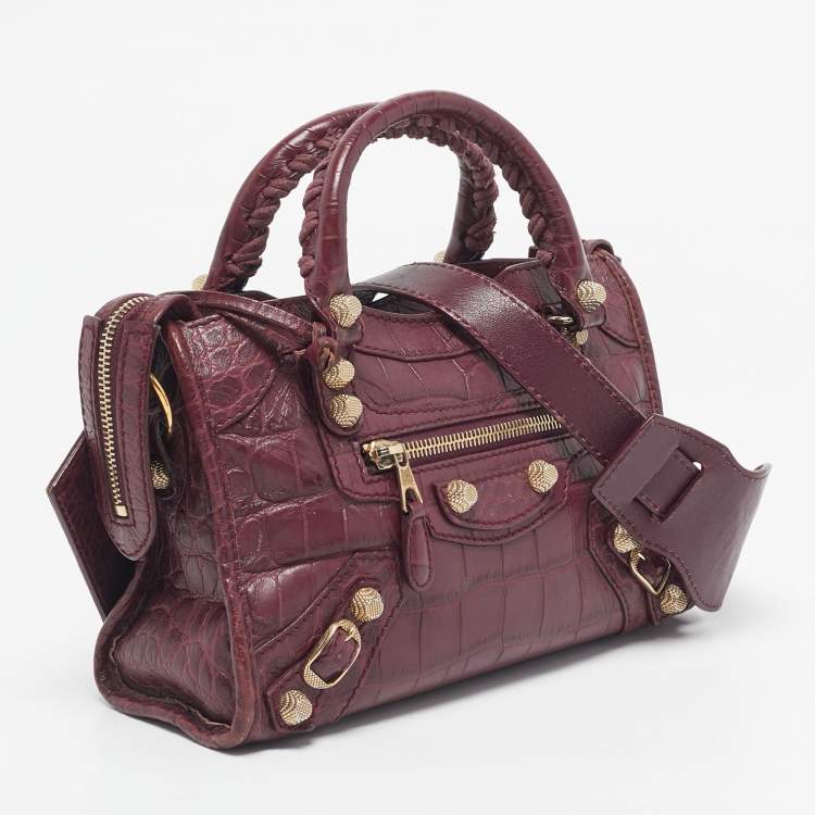 Pre Owned Balenciaga Burgundy Croc Embossed Leather Mini Classic City Bag