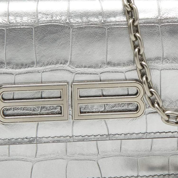 Pre Owned Balenciaga Silver Croc Embossed Leather Gossip Wallet on Chain