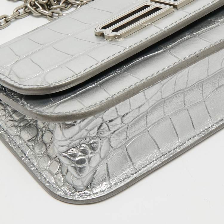 Pre Owned Balenciaga Silver Croc Embossed Leather Gossip Wallet on Chain