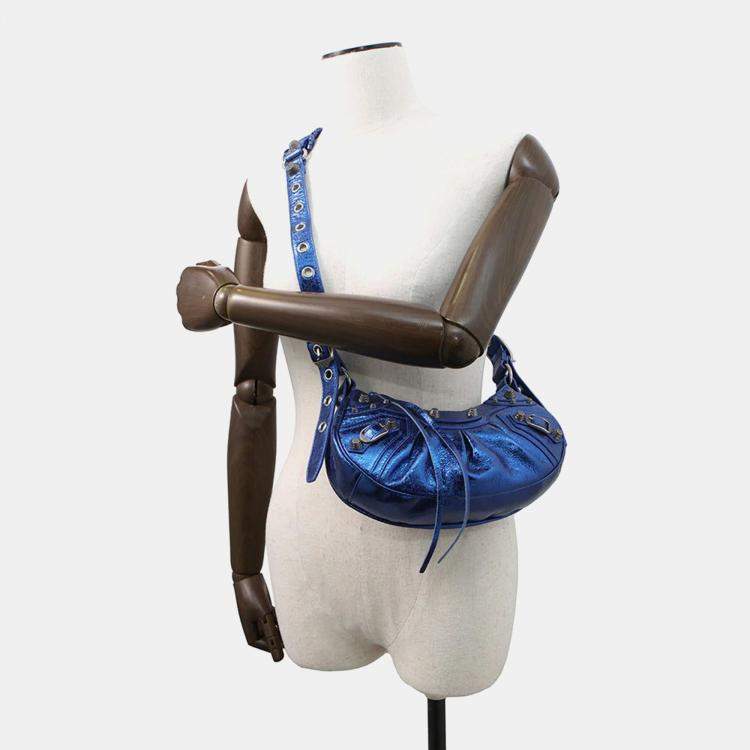 Pre Owned Balenciaga Luca Metallic Blue Leather Shoulder Bag 
