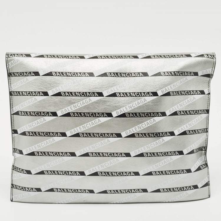 Pre Owned Balenciaga Silver Monogram Leather Plastic Bag Tote