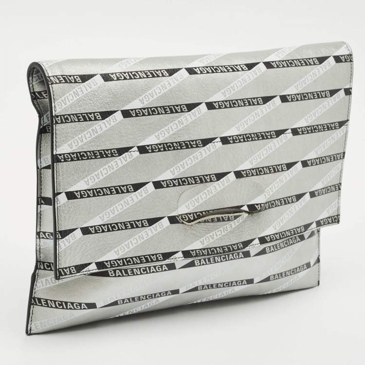 Pre Owned Balenciaga Silver Monogram Leather Plastic Bag Tote