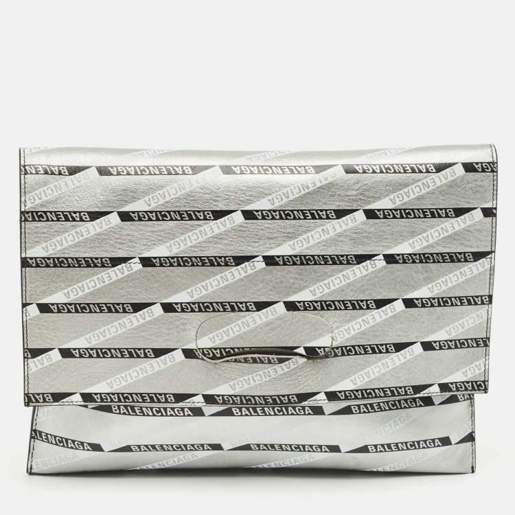 Pre Owned Balenciaga Silver Monogram Leather Plastic Bag Tote