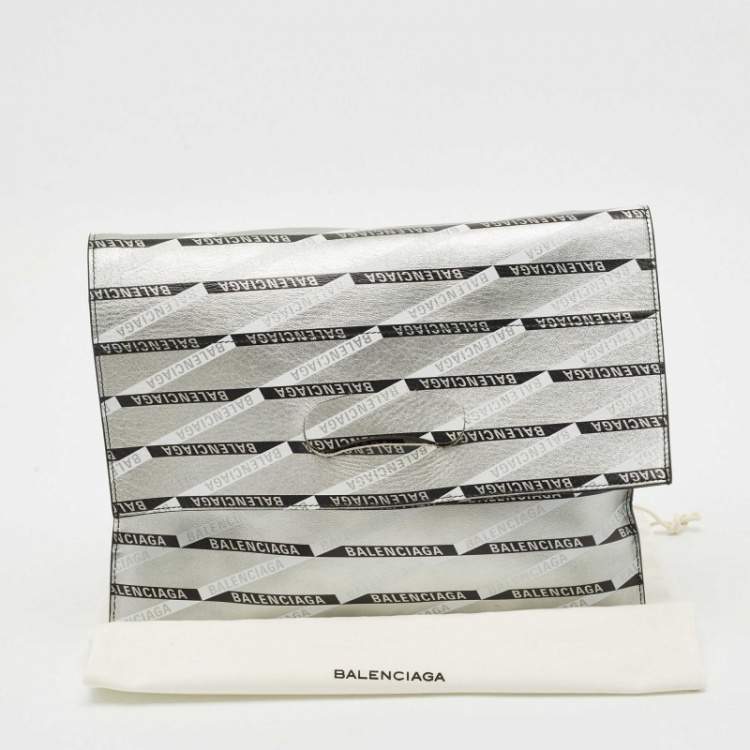 Pre Owned Balenciaga Silver Monogram Leather Plastic Bag Tote