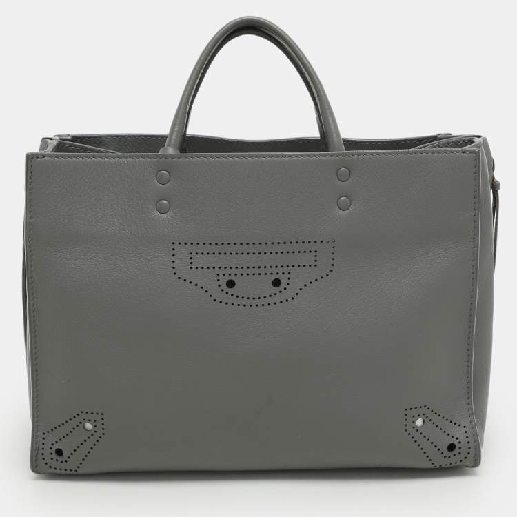 Pre Owned Balenciaga Grey Perforated Leather Blackout Hardware Papier B4 Tote 