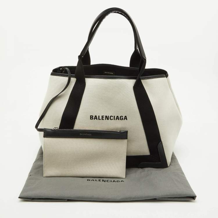 Pre Owned Balenciaga Off White/Black Canvas and Leather S Navy Cabas Tote
