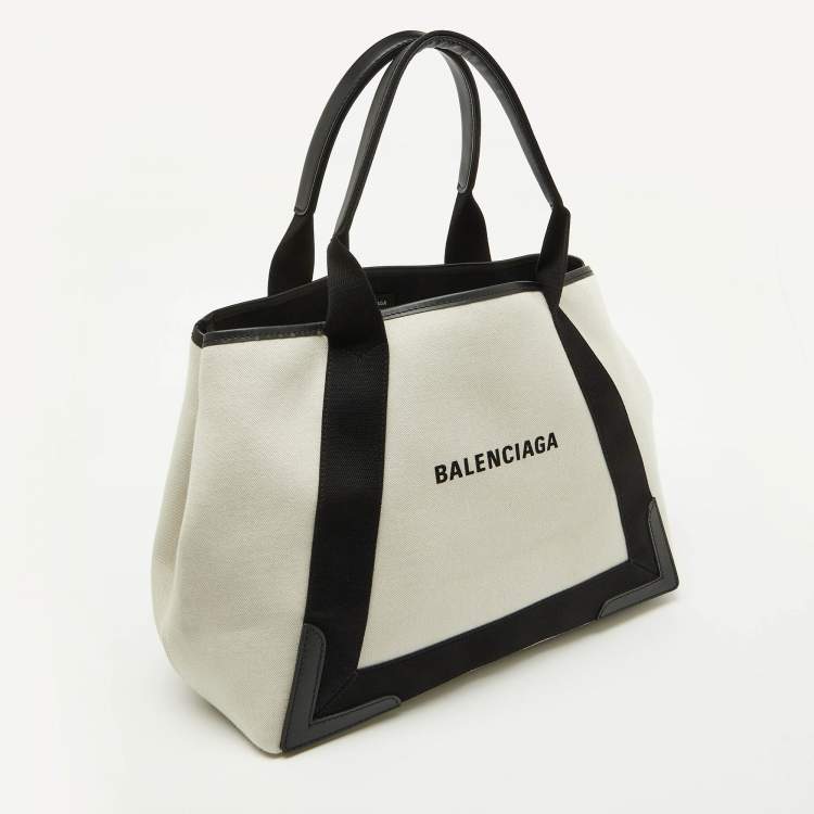 Pre Owned Balenciaga Off White/Black Canvas and Leather S Navy Cabas Tote