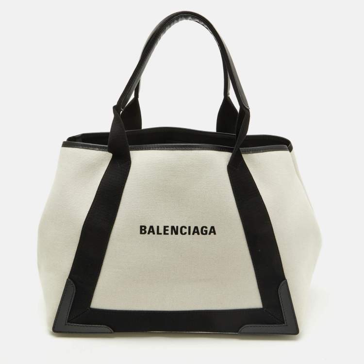 Pre Owned Balenciaga Off White/Black Canvas and Leather S Navy Cabas Tote