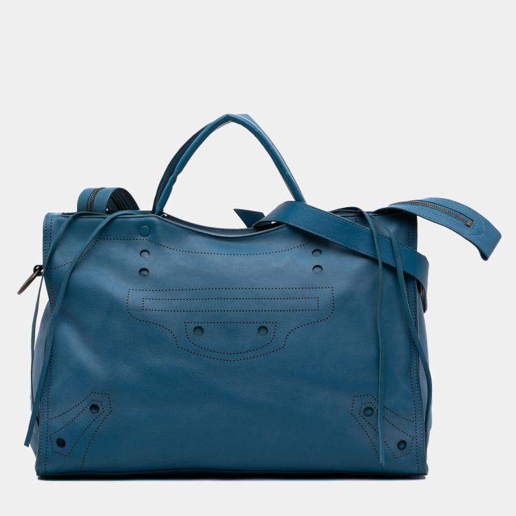 Pre Owned Balenciaga Blue Leather Motocross Blackout City Satchel