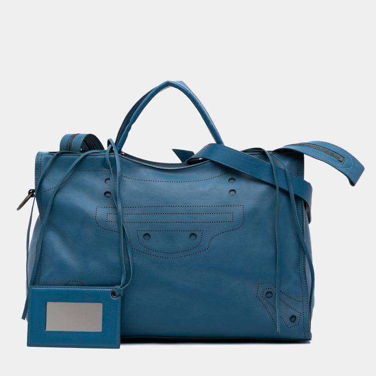 Pre Owned Balenciaga Blue Leather Motocross Blackout City Satchel