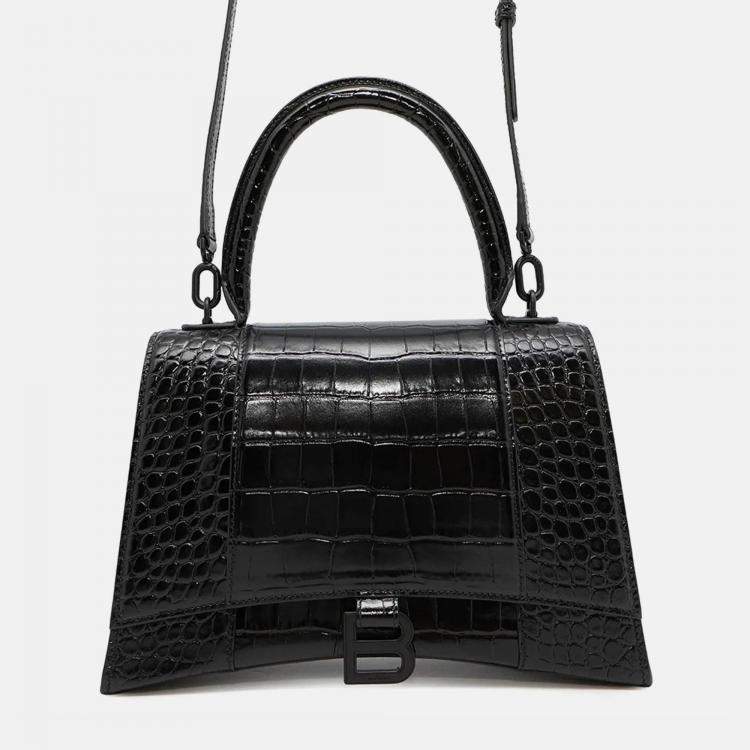 Pre Owned Balenciaga Hourglass Black Embossed Leather Shoulder Bag