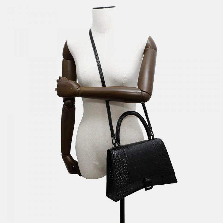 Pre Owned Balenciaga Hourglass Black Embossed Leather Shoulder Bag