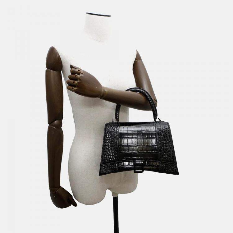 Pre Owned Balenciaga Hourglass Black Embossed Leather Shoulder Bag