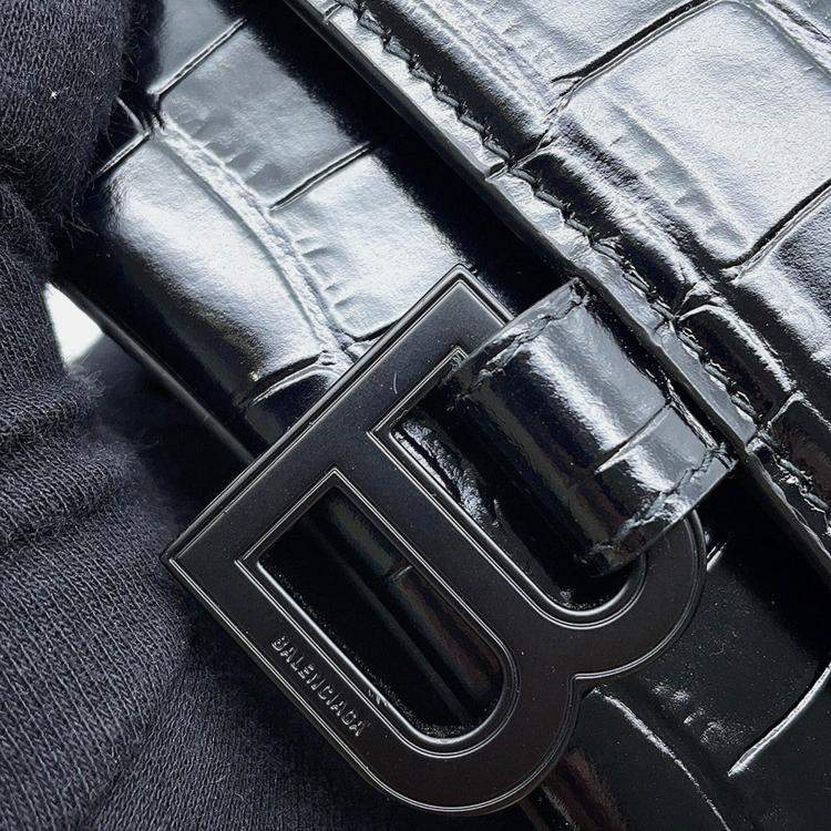 Pre Owned Balenciaga Hourglass Black Embossed Leather Shoulder Bag