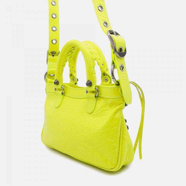 Pre Owned Balenciaga Neo Cagole Small Shocking Yellow Arena Lambskin Shoulder Bag
