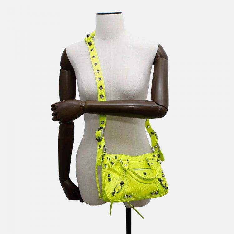 Pre Owned Balenciaga Neo Cagole Small Shocking Yellow Arena Lambskin Shoulder Bag
