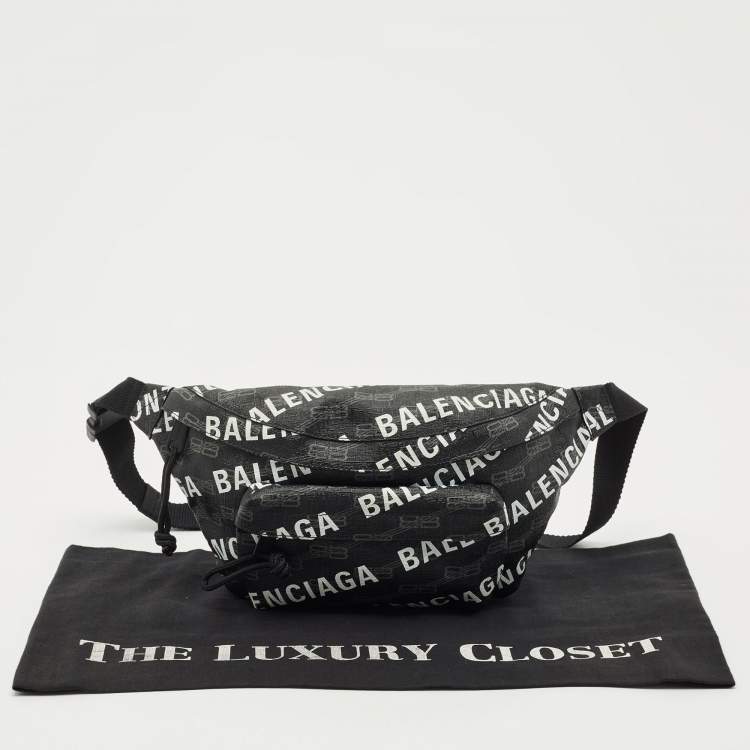 Pre Owned Balenciaga Black BB Monogram Coated Canvas Logo Medium Signature Belt Bag