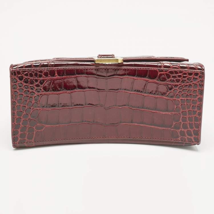 Pre Owned Balenciaga Burgundy Croc Embossed Leather Small Hourglass Top Handle Bag