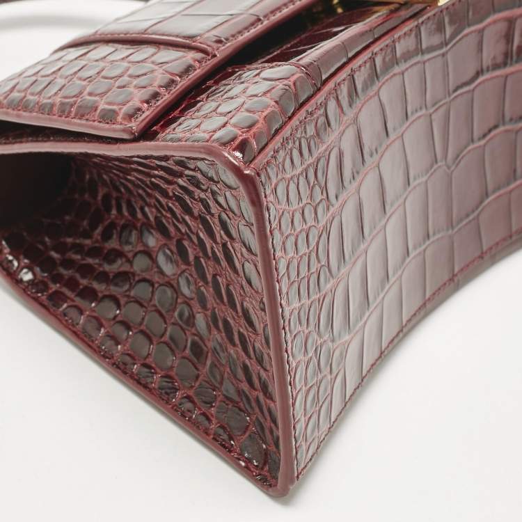 Pre Owned Balenciaga Burgundy Croc Embossed Leather Small Hourglass Top Handle Bag