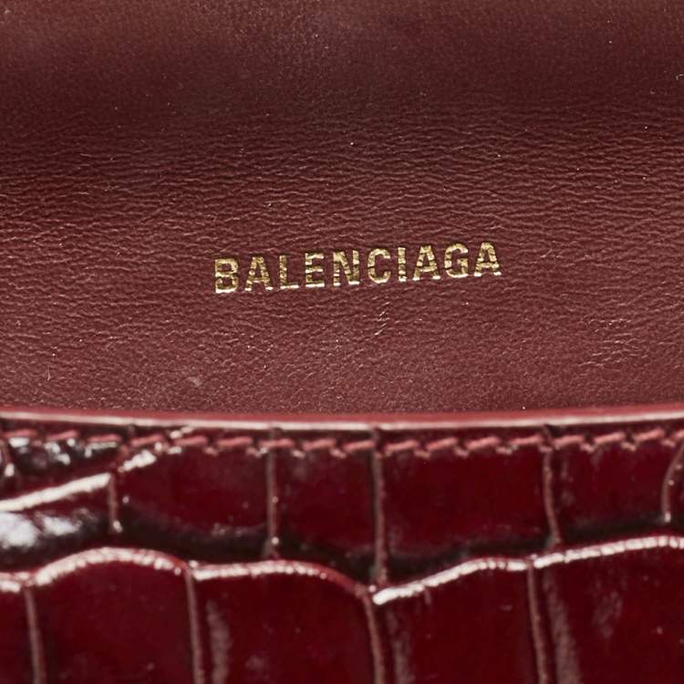 Pre Owned Balenciaga Burgundy Croc Embossed Leather Small Hourglass Top Handle Bag