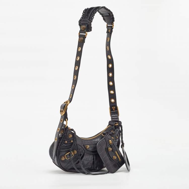 Pre Owned Balenciaga Black Croc Embossed Leather XS Le Cagole Shoulder Bag