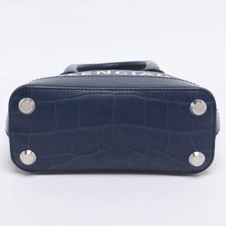 Pre Owned Balenciaga Blue Croc Embossed Leather XXS Ville Satchel