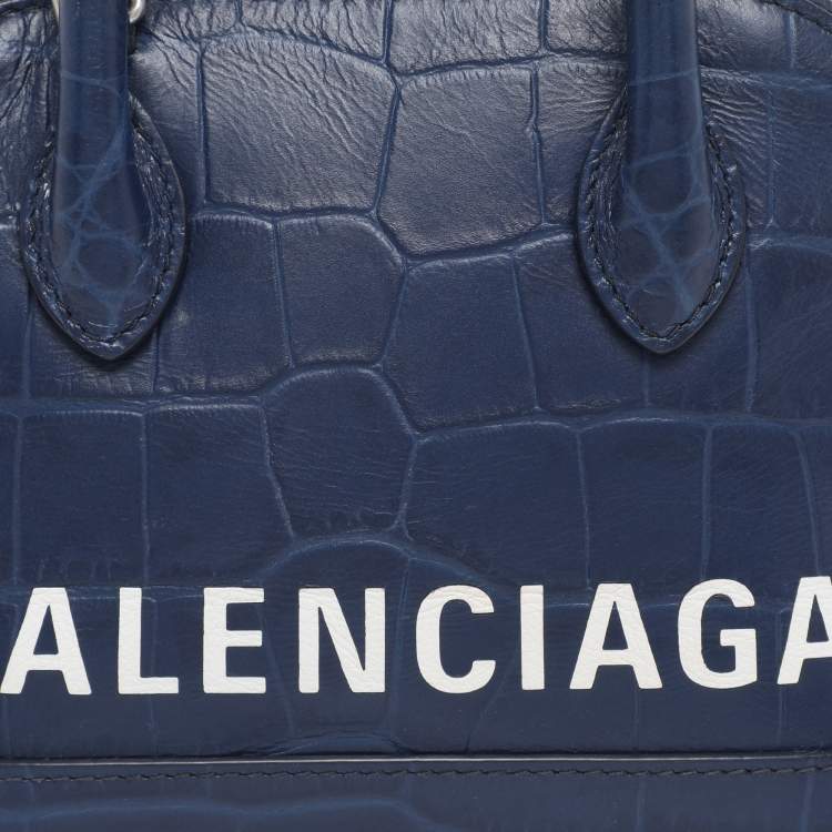 Pre Owned Balenciaga Blue Croc Embossed Leather XXS Ville Satchel
