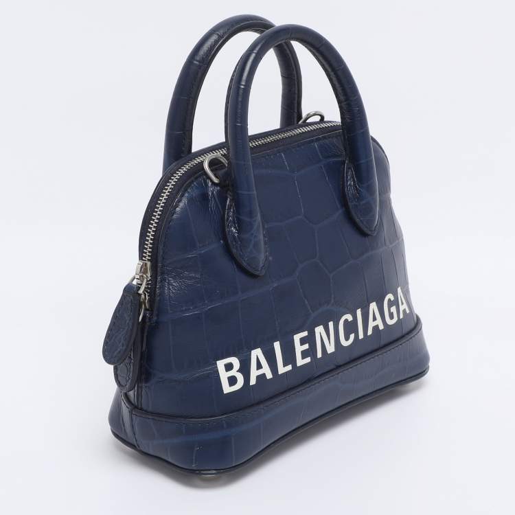 Pre Owned Balenciaga Blue Croc Embossed Leather XXS Ville Satchel