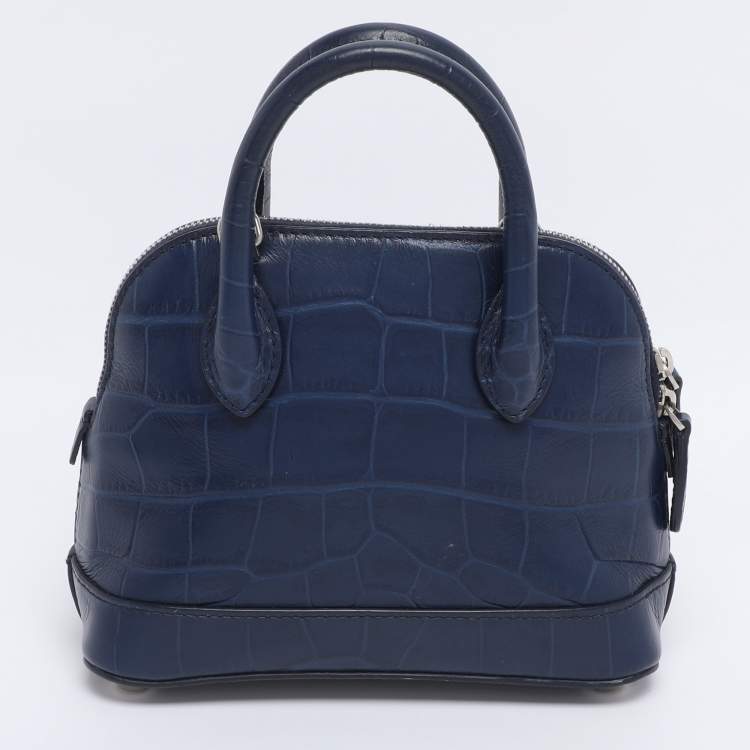 Pre Owned Balenciaga Blue Croc Embossed Leather XXS Ville Satchel