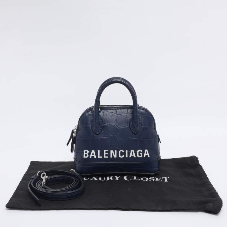 Pre Owned Balenciaga Blue Croc Embossed Leather XXS Ville Satchel