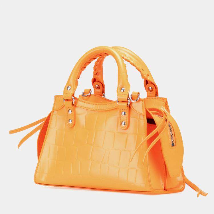 Pre Owned Balenciaga Orange Mini Croc Embossed Calfskin Neo Classic City