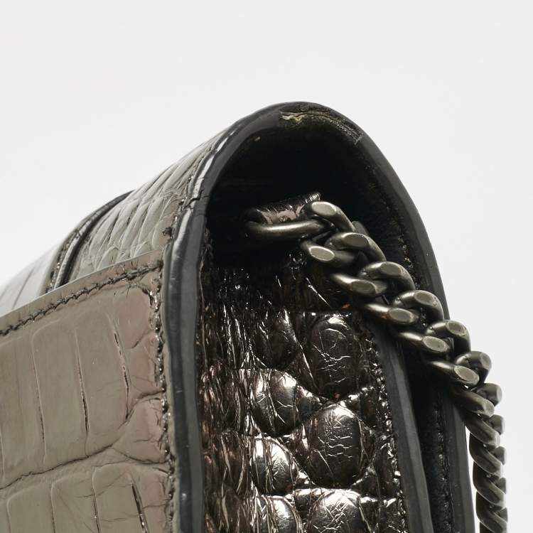 Pre Owned Balenciaga Metallic Grey Croc Embossed Leather Hourglass Wallet on Chain