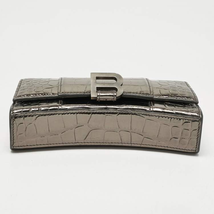 Pre Owned Balenciaga Metallic Grey Croc Embossed Leather Hourglass Wallet on Chain
